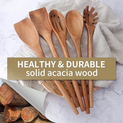 Exquisite Wooden Cooking Utensils For Kitchen, Set Of 5, 12 Inch Acacia Wood Kitchenware Tool Set, Cooking Gadgets Includes Spoon, Spoon Spatula, Spaghetti Spoon, Slotted Spoon, Shovel