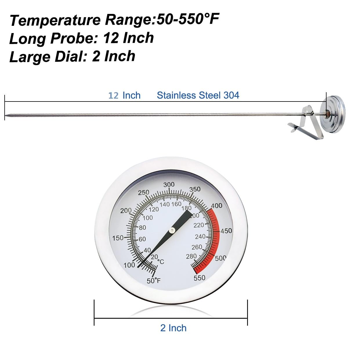 efengcook Deep Fry Turkey Thermometer (2 Pack) with 12'' Probe & Pot Clip, Candy Oil Thermometer for Frying, Roasting, Meat Cooking
