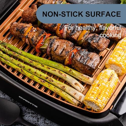 OVENTE Electric Indoor Grill with 13x10 Inch Non-Stick Cooking Surface, 1000W Fast Heat Up Power, Adjustable Temperature, Removable and Dishwasher Safe Grilling Plate and Drip Tray, Copper GD1632NLCO