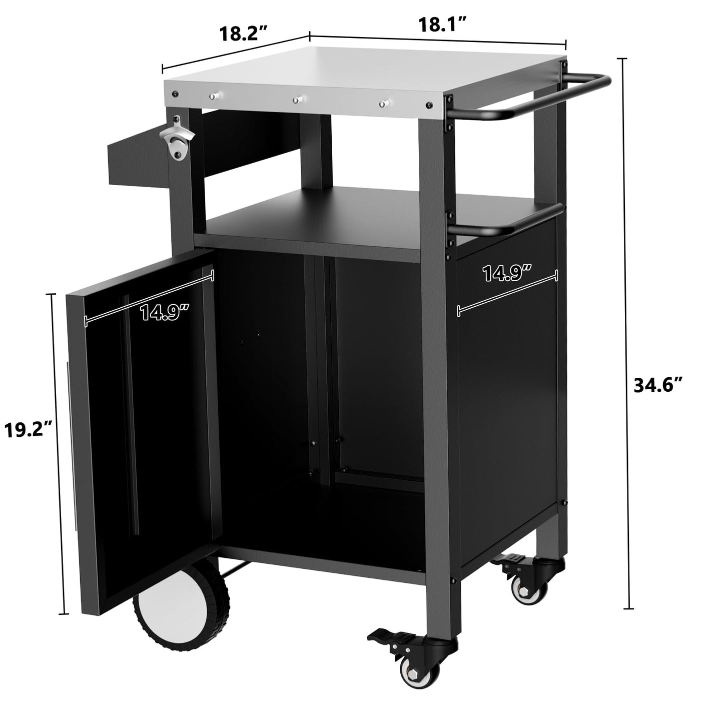 Outdoor Grill Cart with Patio Furniture, Outdoor Grill Table with Storage,Rolling Bar Cart Outdoor BBQ Cart with Hooks and Spice Rack for Grilling Accessories(Single Door, Black)