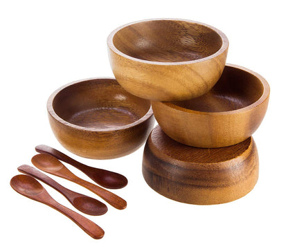 BestySuperStore Small Round Wood Bowls 4 Pcs 3¾" Diameter 1½" High Stackable Acacia Wooden Bowl Set with 4 spoons for serving salad salsa dip sauce snack cereal fruit Decor Tableware Side Dish Sets