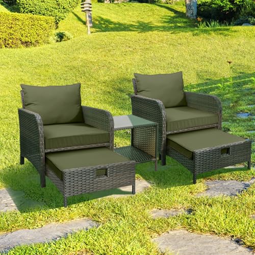 LEVELEVE Balcony Furniture 5 Piece Patio Conversation Set, PE Wicker Rattan Outdoor Lounge Chairs with Soft Cushions 2 Ottoman&Glass Table for Porch, Lawn-Brown Wicker（Army Green