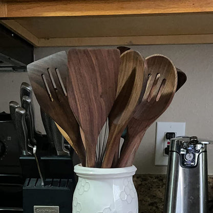 Black Walnut Wooden Cooking Utensils Set, 5 PCS - Handmade Non-stick Spatula, Slotted Spatula, Solid Spoon, Slotted Spoon, Spaghetti Server