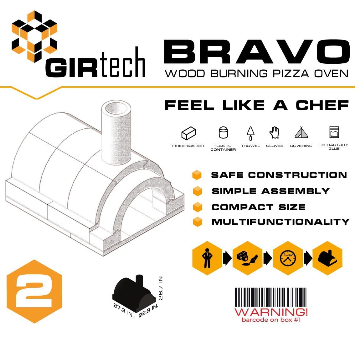 GIRtech BRAVO Wood Burning Fire Brick Pizza Oven for Outdoor Cooking - FULLY DIY KIT - Includes Firebrick Set, Refractory Glue, Trowel, Gloves, Cover, Steel Gate, Assembly Instructions (3 hours)