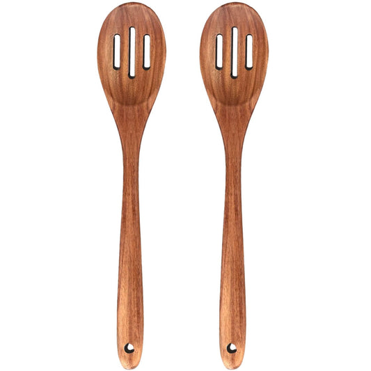 2-Piece 12 inch Large Wooden Spoon Set Slotted Spoon with Hole,Cooking Spoons Acacia Wood Kitchen Spatula for Mixing Stirring Serving Spoons ﻿