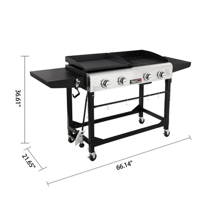 Royal Gourmet GD401C 4-Burner Propane Gas Grill and Griddle Combo with Cover, Griddle Grill Combo with 48,000 BTUs Output for Outdoor Cooking While Camping or Tailgating, Black & Silver