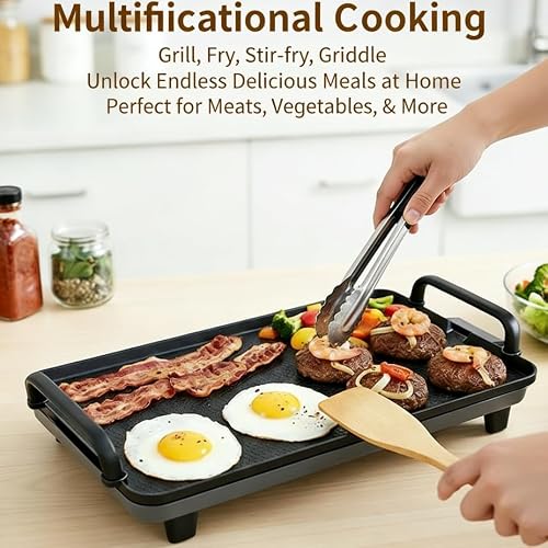 Rectangular Electric Griddle, 1400W, Non-Stick Cooking Surface, 5 Adjustable Temperatures, Dishwasher Safe, Smokeless Indoor Grill, Black