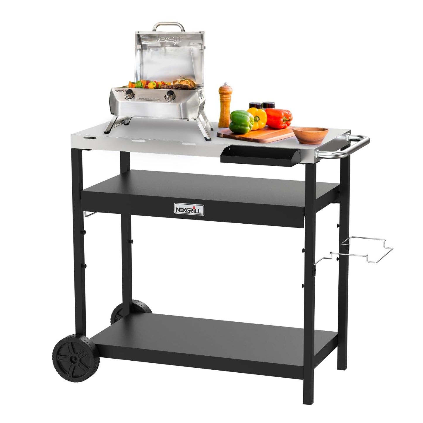 Nexgrill Large Stainless Steel Grill Table with Double Shelf for Griddle, 46" L x 24" W x 40" H, 648 Sq. in., Portable Grill Cart with Side Handle, Paper Towel, and Trash Bag Holder - 880-0016D