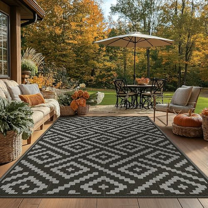 GENIMO Outdoor Rug for Patio Clearance,5'x8' Waterproof Mat,Reversible Plastic Camping Rugs,Rv,Porch,Deck,Camper,Balcony,Backyard,Black & Gray