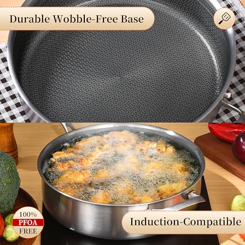 LOLYKITCH 12 Inch Deep Frying Pan with Lid, Nonstick 5QT Tri-Ply Stainless Steel Sauté Pan with Ceramic Coating, PFOA & PFOS Free, Induction Cooking Skillet, Dishwasher and Oven Safe
