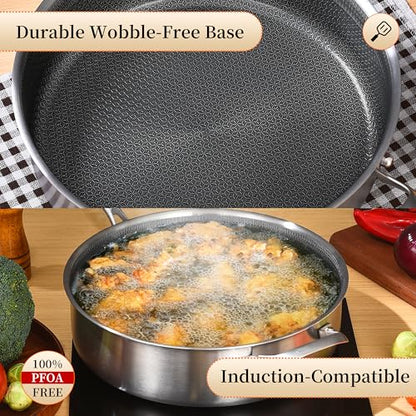 LOLYKITCH 12 Inch Deep Frying Pan with Lid, Nonstick 5QT Tri-Ply Stainless Steel Sauté Pan with Ceramic Coating, PFOA & PFOS Free, Induction Cooking Skillet, Dishwasher and Oven Safe