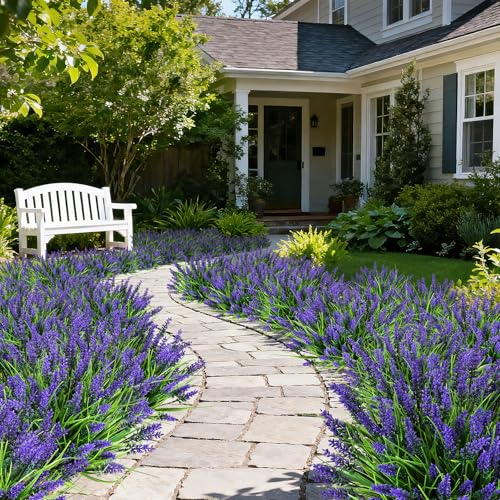 AmberFun 16 Bundles Artificial Plants Outdoor, UV Resistant Fake Lavender & Monkey Grass, Realistic Plastic Faux Plants for Balcony, Patio, Porch Greenery Decor, Planter Filler(Purple)