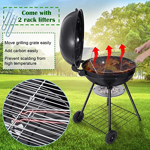 HaSteeL 22-Inch Kettle Charcoal Grill, Portable BBQ Gill with Wheels for Outdoors Barbecue, Camping, Picnic, Backyard, Tailgating, Beach, Storage Rack & 355 SQ.In Cooking Area, Black Porcelain Enamel