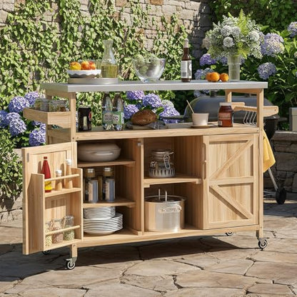Merax 50" Outdoor Kitchen Grill Cart Island on Wheels with Stainless Steel Top,Farmhouse Style Solid Wood Frame Storage Cabinet for Patio