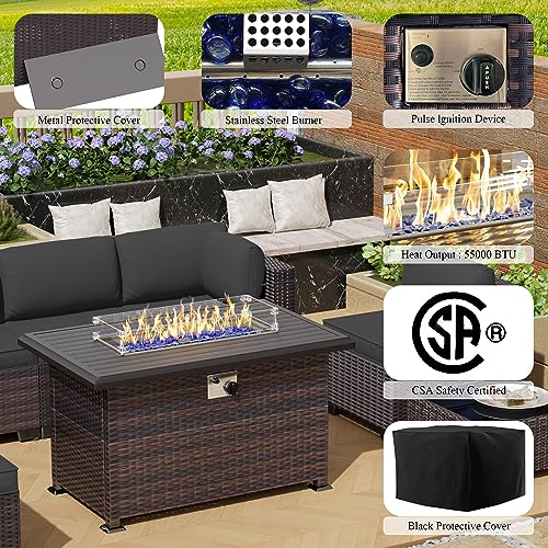 RTDTD 15 Pieces Outdoor Patio Furniture Set,Outdoor Sectional Furniture with 43" 55000 BTU Gas Propane Fire Pit Table,All Weather PE Rattan Wicker Patio Conversation Set,Grey