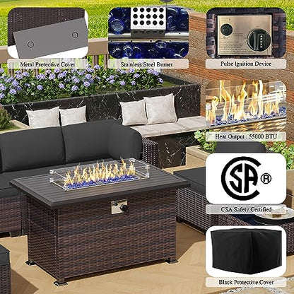 RTDTD 15 Pieces Outdoor Patio Furniture Set,Outdoor Sectional Furniture with 43" 55000 BTU Gas Propane Fire Pit Table,All Weather PE Rattan Wicker Patio Conversation Set,Grey