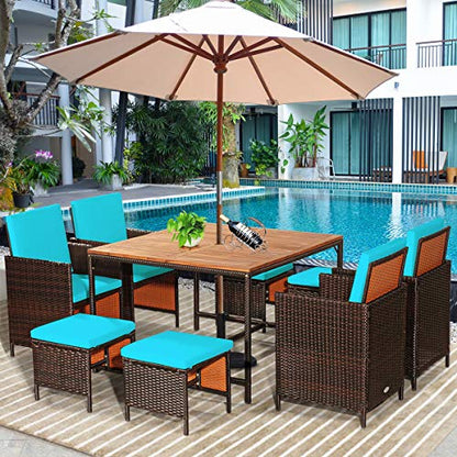 Tangkula 9 Pieces Acacia Wood Patio Dining Set, Space Saving Wicker Chairs and Wood Table with Umbrella Hole Outdoor Furniture Set, Suitable for Garden, Yard, Poolside, Outdoor Seating Set