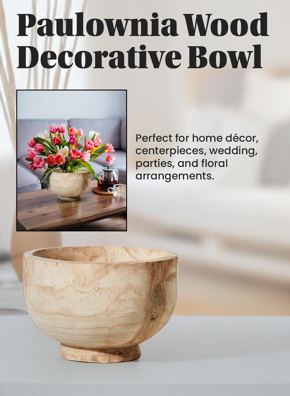 Serene Spaces Living Paulownia Wood Decorative Bowl – Handmade Round Wood Bowl for Home Décor, Centerpieces, Wedding, Parties, and Floral Arrangements, 7" Tall & 11" Diameter