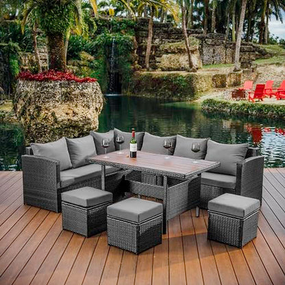 Nestl Outdoor Dining Set - 7 Piece Wicker Patio Set with Outdoor Dining Table, Outdoor Sectional Sofa and 3 Ottomans, Outdoor Patio Furniture Table and Chairs Set (Grey/Grey)