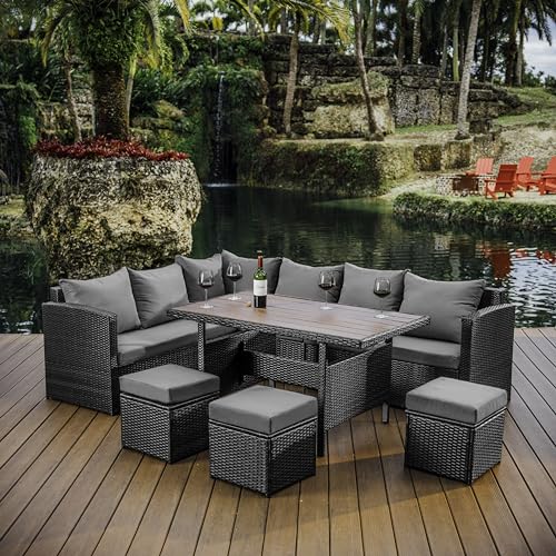 Nestl Outdoor Dining Set - 7 Piece Wicker Patio Set with Outdoor Dining Table, Outdoor Sectional Sofa and 3 Ottomans, Outdoor Patio Furniture Table and Chairs Set (Grey/Grey)