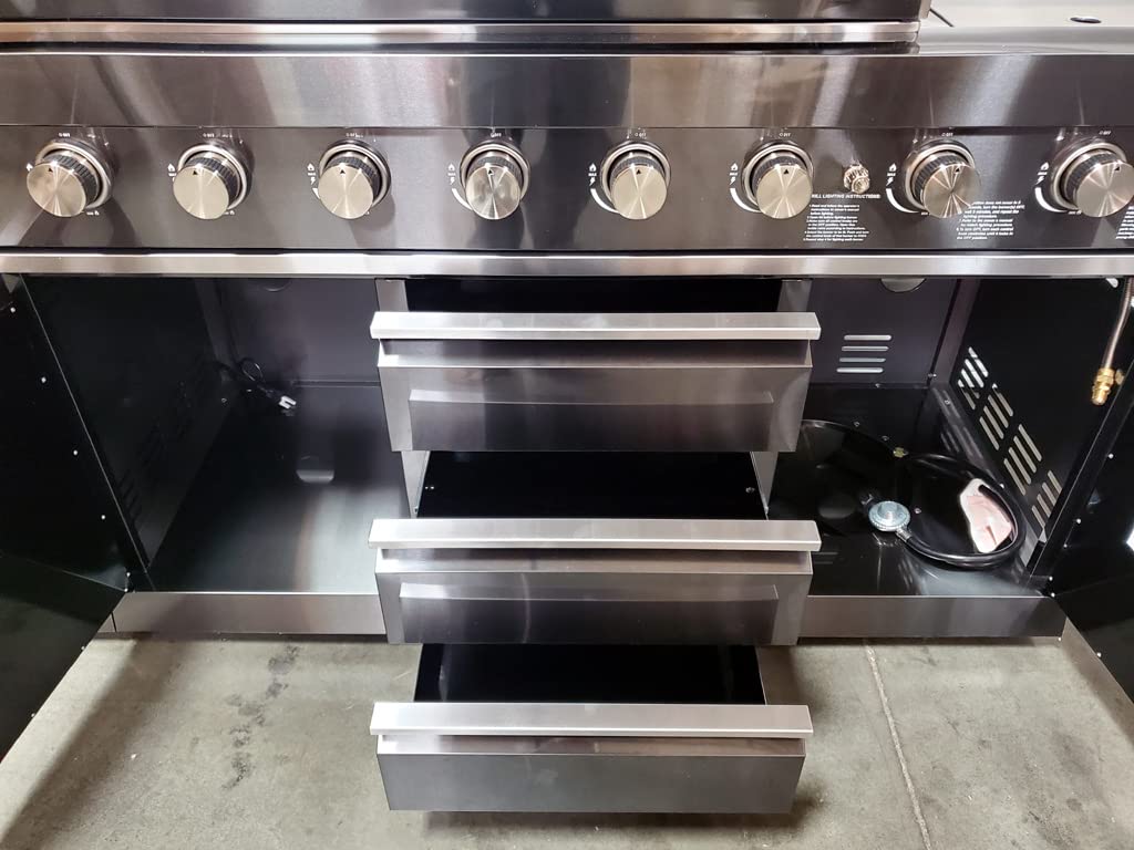 3 Piece Pizza Oven + Black Stainless Steel 6 Burner Black Marble Top Modular Island BBQ Outdoor Electric Propane Grill Kitchen with Fridge, Sink, Side Burner, LED Lights on Knobs, and Grill Cover