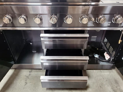 3 Piece Pizza Oven + Black Stainless Steel 6 Burner Black Marble Top Modular Island BBQ Outdoor Electric Propane Grill Kitchen with Fridge, Sink, Side Burner, LED Lights on Knobs, and Grill Cover