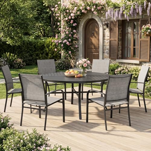 MIXPATIO 7pc Patio Dining Set, 54" Round Metal Table, 6 Textilene Chairs