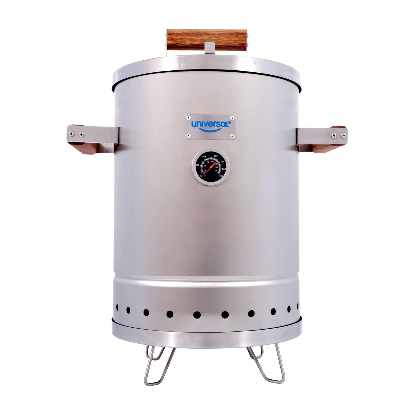 Universal (6-pound) Stainless Steel (Small) Charcoal Barrel Smoker with Thermometer & Airlock system - 16.5"x 21.18" x ⌀11.81", 2 in 1 Vertical Smoker - Grill and Smoker, 6-serving Slow Cooking Smoker