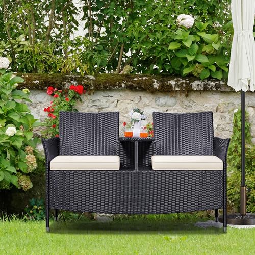 Yaheetech Patio Loveseat, Outdoor Wicker Double Chair w/Side Table