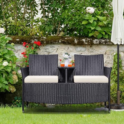 Yaheetech Patio Loveseat, Outdoor Wicker Double Chair w/Side Table