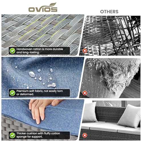 ovios 12 Pieces Patio Furniture Set, Outdoor Wicker Sectional Sofa with Coffee Table Comfy Cushions, Modern Modular Deep Seat Couch Rattan Conversation Set, Denim Blue