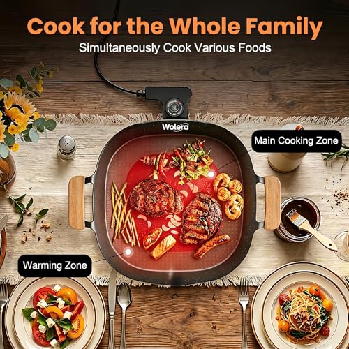 Wolera Smokeless Indoor Electric BBQ Grill with Wooden Handles – Adjustable Temp Nonstick Griddle, Perfect for Steak, Pancakes & Low-Fat Meals, Easy to Clean & Dishwasher Safe
