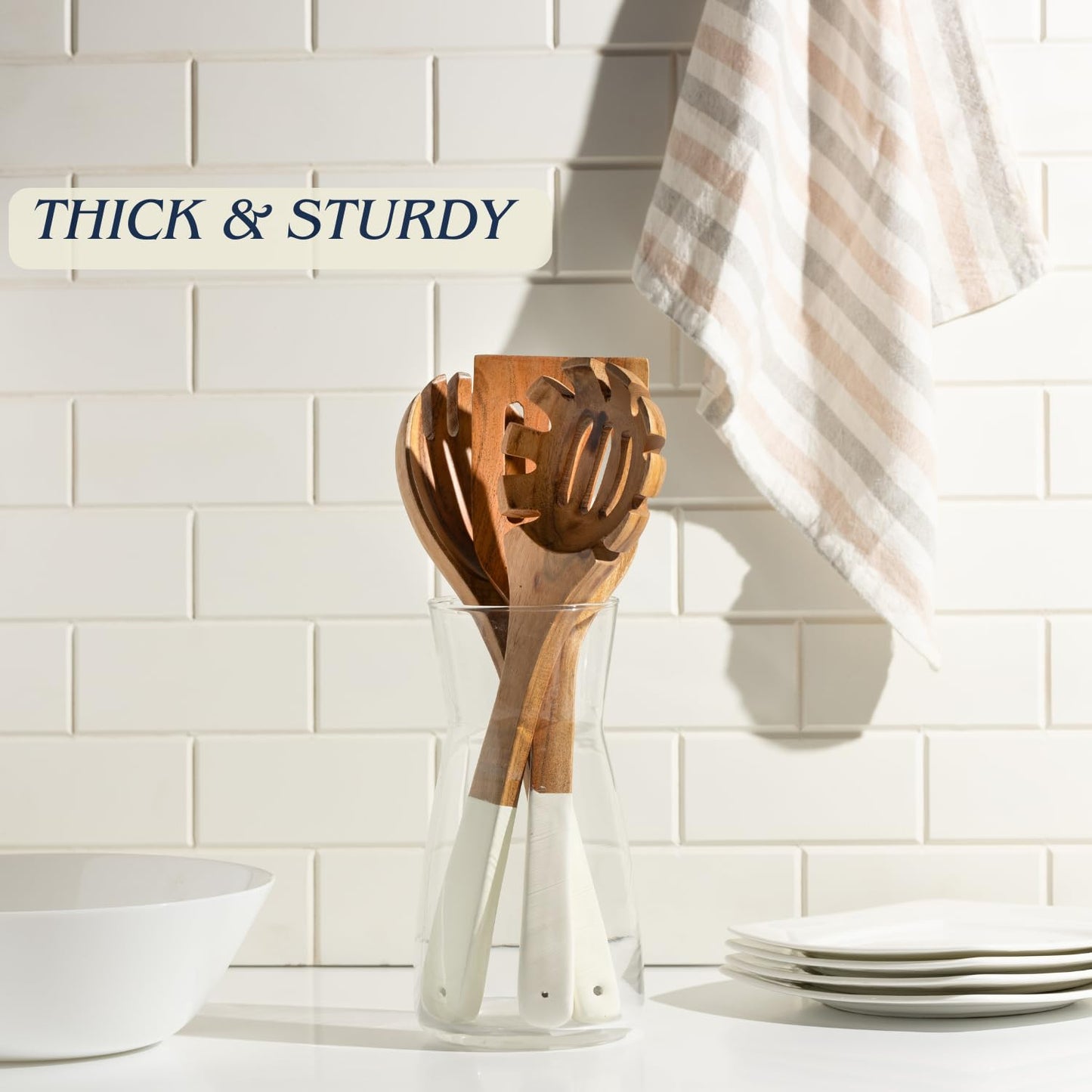 Lavaux Designs Wooden utensils for cooking set of 8, Natural Acacia Wood spoons and spatula set, Non-stick, Durable, Eco- friendly and safe kitchen cooking spoon | white handles | 12 inch each