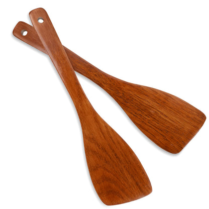 2PCS Wooden Spatula Set for Cooking - 12.8 Inches Natural Wood Spatulas for Non-stick Cookware, Flat Horn-Shaped Frying Spatulas, Long Handle Wooden Cooking Utensils
