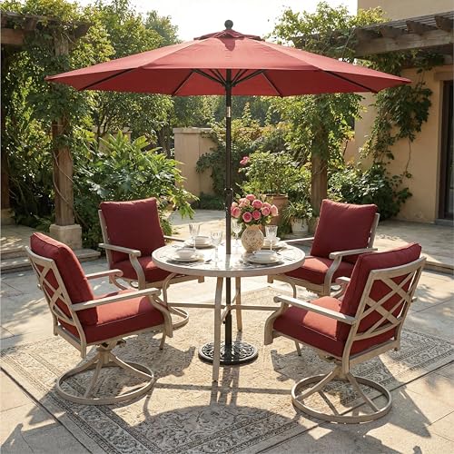 AE Outdoor 5-Piece Patio Dining Set, 4 Swivel Chairs with Removable Thickened Cushions & a 3D Textured Table with Umbrella Hole, All-Weather Furniture for Backyard, Garden, Lawn, Red