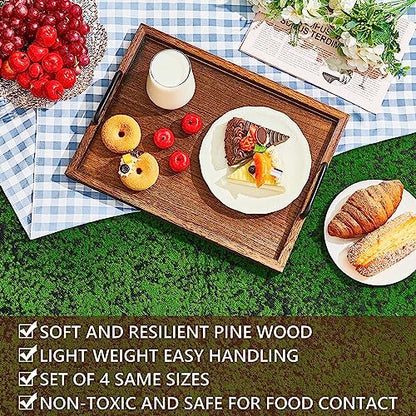 4 Pcs Large Wooden Serving Tray Decorative 15.8 x 11.8 x 1.2 in Ottomantray Rustic with Handle Coffee Table Wood Tray Kitchen Platter for Christmas Thanksgiving Party Gift Breakfast Wedding(Brown)