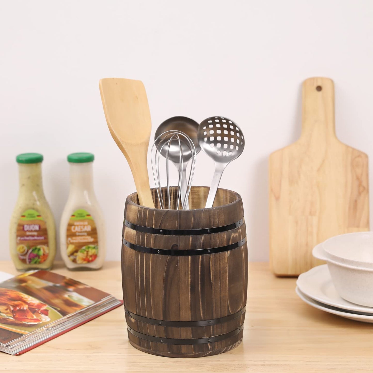 MyGift Wine Barrel Design Kitchen Utensil Crock, Vintage Rustic Burnt Wood Cooking Tool Holder