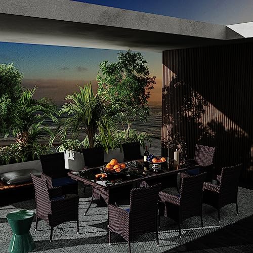 ASJMR 10 Pieces Dining Sets for 8 with Rattan Dining Set Chairs x8 and Square Table Glass Topx2 with Umbrella Cutout, Outdoor and Indoor Set-Navy