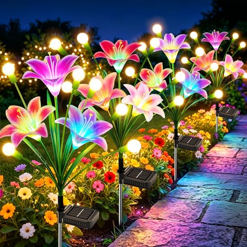 WdtPro Upgraded Solar Lights Outdoor Garden Decor: 4 Pack Solar Firefly Swaying Light with Color Changing LED Lily, Waterproof Decorative Flowers for Yard Patio Pathway Lawn, Gardening Gifts for Women