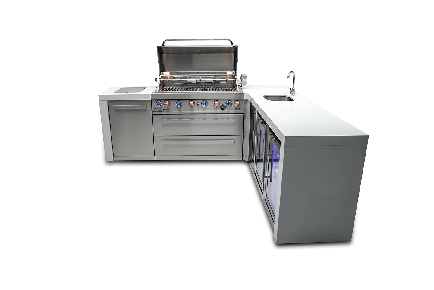Mont Alpi MAi805-D90BEVFC 44-inch 6-Burner 115000 BTU 90 Degree Corner Deluxe Stainless Steel Gas Outdoor Kitchen Barbecue Island Grill + Lockable Compact Refrigerator + Faucet & Sink + Rotisserie Kit