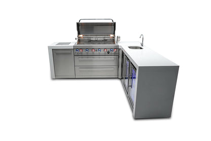 Mont Alpi MAi805-D90BEVFC 44-inch 6-Burner 115000 BTU 90 Degree Corner Deluxe Stainless Steel Gas Outdoor Kitchen Barbecue Island Grill + Lockable Compact Refrigerator + Faucet & Sink + Rotisserie Kit