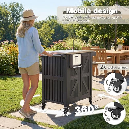 Outdoor Grill Cart with Stainless Steel Top, Outdoor Kitchen Island BBQ Prep Table, Storage Cabinet, Mobile Grill Cart with Folding Hanging Trash Bin, Wheels, Side Shelf for Patio, Garden, Picnic