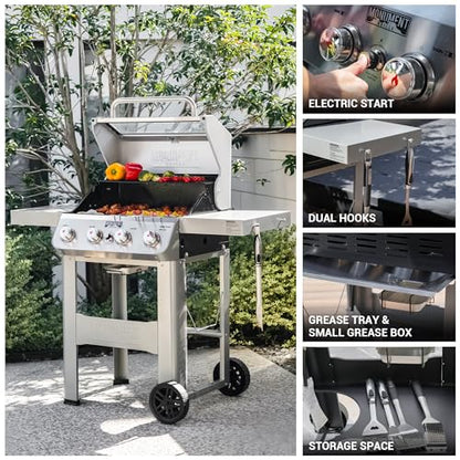 Monument Grills 4-Burner Liquid Propane Gas Grill, Silver Stainless Steel Grill Patio Garden Barbecue Grill with Clearview® Lid and One Foldable Shelf, Mesa400MF with BBQ Cover