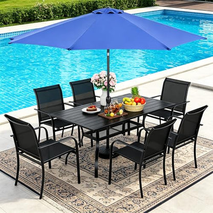 SUNCROWN 8 - Piece Outdoor Dining Set, Patio Furniture Set with 6 Textilene Dinning Chairs, 1 Rectangle Metal Table and 1 Dark Blue 9Ft Patio Umbrella for Lawn Garden Backyard Deck, Black