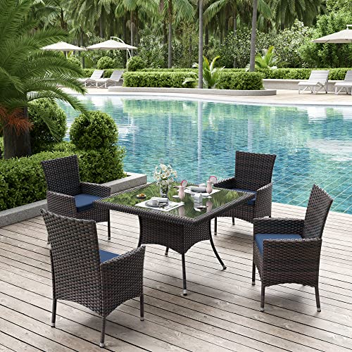 ALAULM 5 Piece Patio Dining Set All-Weather Wicker Outdoor Furniture Set w/Tempered Glass Tabletop, Removable Cushions and Umbrella Hole for Patio, Backyard, Garden, Poolside（Navy）