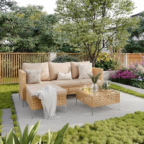Ophelian Small L-Shaped Patio Furniture Set - Weather Resistant Wicker Sectional Chaise Sofa with Thick Cushions & Tempered Glass Coffee Table for Small Spaces, Balcony, Apartment