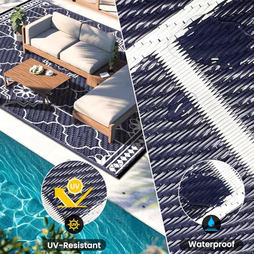 Lighted Outdoor Rug 8x10 ft, Solar Powered Patio Rug with 113 LED Lights, Waterproof Plastic Reversible Outdoor Straw Rugs, Rugs Mat for House Deck RV Camping Patio Beach Balcony Picnic (Blue White)