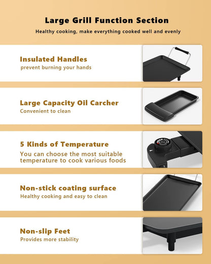 LDAILY Large Electric Teppanyaki Table Top Grill Griddle, 35'' Indoor Outdoor Nonstick BBQ Griddle w/5 Adjustable Temperature, Portable 2000W Barbecue Plate for Party/Home/Camping Cooking