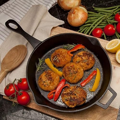 Bayou Classic 7434 14-in Cast Iron Skillet Features Helper Handle and Pour Spouts Perfect For Searing Braising Frying and Baking Pies and Cobblers
