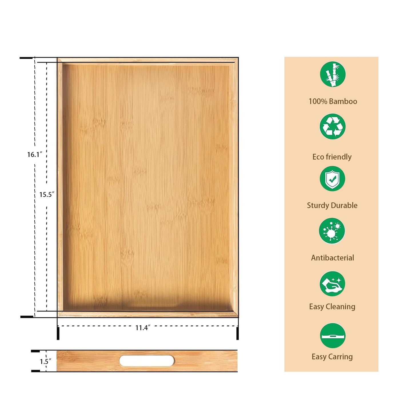 Krimax Serving Tray with Handles, Bamboo Breakfast Tray Wooden Trays Decorative Serving Platter for Eating, Working, Storing, Used in Bedroom, Kitchen, Living Room, Bathroom, Hospital and Outdoors